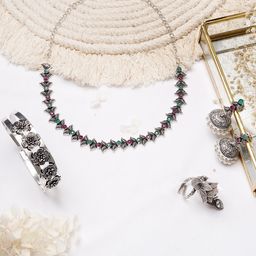 TEEJH Silver Toned Pink Stone Studded Oxidised Jewellery Set-picture-24