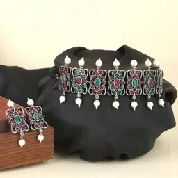 Sangria Silver-Plated Stone-Studded Oxidized Jewellery Set-picture-29