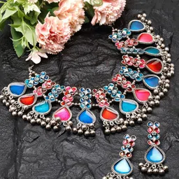 Moedbuille Silver-Plated Stone-Studded & Beaded Meenakari Antique Oxidised Jewellery Set-picture-37