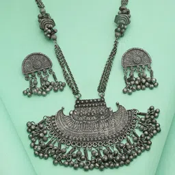Moedbuille Silver-Plated Tribal Tasselled Design Oxidised Antique Jewellery Set-picture-25