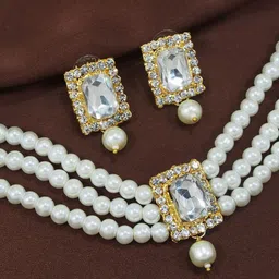 I Jewels Gold-Plated White-Beaded & Stone Studded Choker Jewellery Set-picture-34