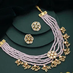 Jazz and Sizzle Gold-Plated Kundan-Studded & Beaded Necklace & Earrings-picture-33