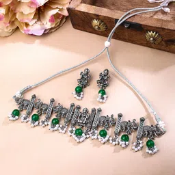 Yellow Chimes Silver-Plated Oxidised Choker Jewellery Set-picture-21