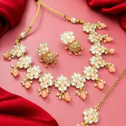 aadita Gold-Plated Peach Stone Studded Pearl Beaded Temple Choker Jewellery Set-picture-38