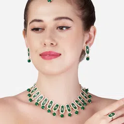 Zaveri Pearls Women Gold Plated & Green Kundan Choker Jewellery Set-image-51