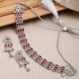 ZENEME Oxidised Silver-Plated Red Kundan Studded Jewellery Set-picture-30