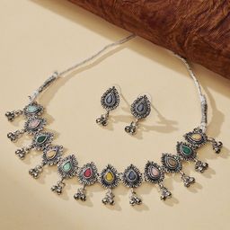 TEEJH Chogada Women Silver Plated Artificial Stone & Beads Studded Jewellery Set-picture-36