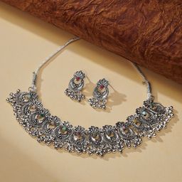 TEEJH Women Silver-Plated Stone Studded Oxidised Jewellery Set-picture-20