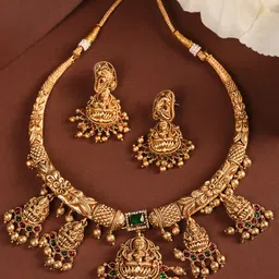 Saraf RS Jewellery Gold-Plated CZ-Studded & Beaded Temple Necklace and Earrings-picture-51