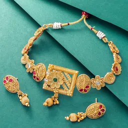 aadita Gold-Plated Green & Red Stone-Studded Jewellery Set image 1