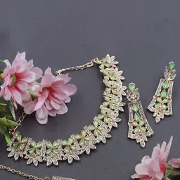 Rhymee Rose Gold-Plated AD Stone-Studded Choker Necklace With Earrings & With Maang Tika image 1