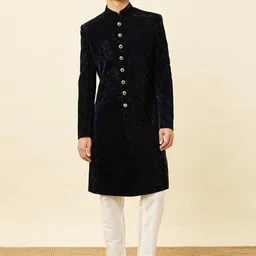 Manyavar Velvet Self-Design Sherwani with Solid Trouser-picture-18