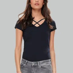Trends Tower Women Navy Blue V-Neck Pure Cotton T-shirt-picture-30