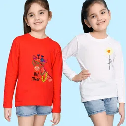 NUSYL Girls White & Red Pack of 2 Graphic Printed T-shirts-image-92