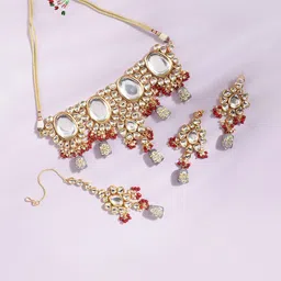SOHI Gold-Plated Kundan Studded & Beads Beaded Jewellery Set-image-8