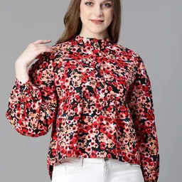 Oxolloxo Floral Printed High Neck Puff Sleeves Cotton Top-image-79