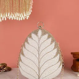 Swisni Women Gold-Toned & White Embellished Box Clutch With Shoulder Strap-picture-43