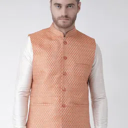 DEYANN Men Orange Woven Design Nehru Jacket-picture-29