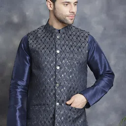 Anouk Grey Geometric Embroidered Mandarin Collar Woven Nehru Jacket-picture-24