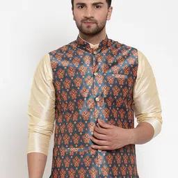 KRAFT INDIA Men Teal Silk Printed Nehru Jacket-picture-22