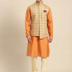 KISAH Men Orange Kurta with Churidar & Nehru Jacket image 1
