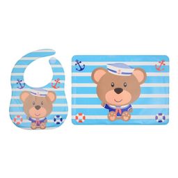 Yellow Bee Kids Set Of 2 Blue & White Bear Print Feeding Bib With Mat-picture-30