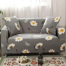 HOUSE OF QUIRK Grey & White Floral Printed Triple Seater Elasticated Sofa Cover With Arms-image-83
