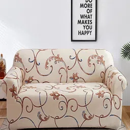 HOUSE OF QUIRK Beige & Brown Floral Printed Triple Seater Elasticated Sofa Cover With Arms-picture-29