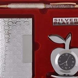 INTERNATIONAL GIFT Gold Toned 3-Pcs Pen & Card Holder With Apple Clock Gift Set-image-4