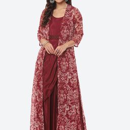 Biba Women Maroon Solid Belted Dress With Ethnic Motifs Jacket-picture-36