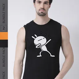 Friskers Pack Of 2 Graphic Printed Sleeveless Slim Fit Pure Cotton Sports T-shirt-image-32