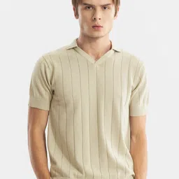 Snitch Beige Striped Polo Collar Slim Fit Cotton T-shirt-picture-51