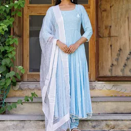 PHEETA Women Blue & White Embroidered Kurta with Trousers & Dupatta-image-5