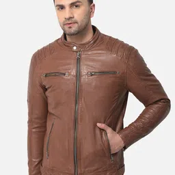 Woods Men Brown Solid Water Resistant Leather Jacket image 1