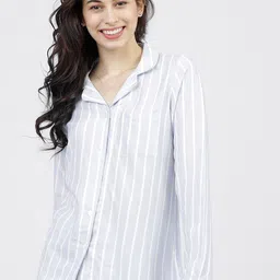 Tokyo Talkies Women Blue & White Regular Fit Striped Sleep Shirt-image-88