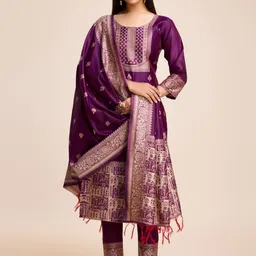 ZARIMO Ethnic Motifs Woven Design Raw Silk Straight Kurta & Trousers With Dupatta image 1