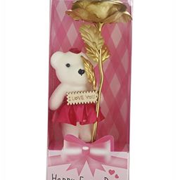 INTERNATIONAL GIFT Gold Toned & Pink  Brass Rose With Teddy-picture-26