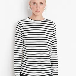 Trendyol Women White & Black Striped Polyester T-shirt image 1