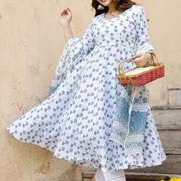 PHEETA Women White Ethnic Motifs Printed Pure Cotton Kurta with Trousers & With Dupatta-picture-23