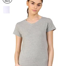 appulse Women Grey & White Pack Of 2 V-Neck Slim Fit Running Cotton T-shirt-image-57