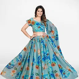 SHOPGARB Turquoise Blue & Orange Printed Semi-Stitched Lehenga & Unstitched Blouse With Dupatta-picture-26