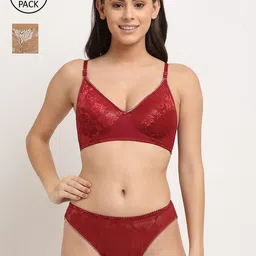 Friskers Pack Of 2 Maroon & Beige Non Padded Lingerie Sets-image-6