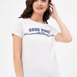 Mast & Harbour White & Blue Typography Printed Pure Cotton T-shirt-picture-34