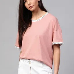 Roadster Women Dusty Pink Solid Round Neck Pure Cotton T-shirt-picture-34