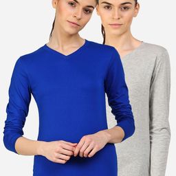 appulse Women Grey & Blue Pack Of 2 V-Neck Slim Fit Cotton T-shirt-picture-10
