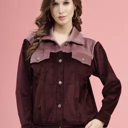 plusS Maroon Self Design Spread Collar Bomber Jacket-picture-40