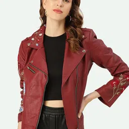 Leather Retail Women Red Floral Embroidered Open Front Jacket image 1