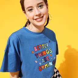 STREET 9 Women Blue Typography Printed Oversized  Crop T-shirt-image-55