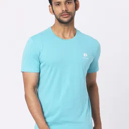 MERCHANT MARINE Men Turquoise Blue Pure Cotton Regular Fit T-shirt image 1