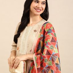 SHOWOFF Women Cream-Coloured Printed Sequinned Chanderi Cotton Kurta with Palazzos & With Dupatta-picture-18